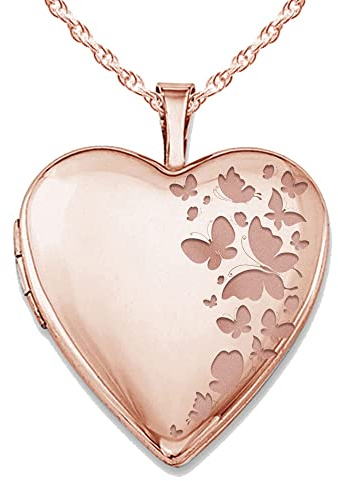 PicturesOnGold.com Personalized Rose Gold Butterflies Heart Photo Locket Necklace for Women - 3/4 inch x 3/4 inch, Rose Gold, Locket Only