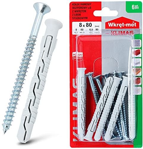 Klimas® Juego de 6 tacos para marco, 8 mm de diámetro x 80 mm, con tornillos de cabeza avellanada PZ-3, juego de tornillos para hormigón, hormigón poroso, tornillos de acero inoxidable, para hormigón,