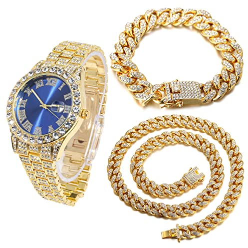 HALUKAKAH Diamanti Orologio Oro, Uomo Placcato Oro Reale 18K 42MM Largo Blu Componi Quarzo Cinturino 24cm con Link Cubano Catena 20+45cm Collana Bracciale Set, con Scatola Regalo