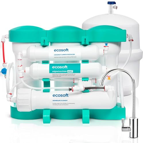 Ecosoft P'URE AquaCalcium MINT | Ósmosis inversa para el hogar | Filtra el 99,8% de los contaminantes del agua | Mineraliza el agua potable con calcio | Con depósito de agua