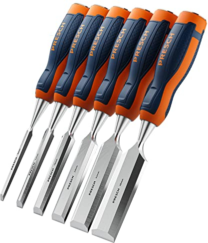 Presch Stechbeitel Set für Holz 6tlg. - Fertig geschliffene Stemmeisen (6, 12, 18, 24, 32, 38mm) - Profi Stecheisen mit 25° Keilwinkel mit robuster Metallschlagkappe