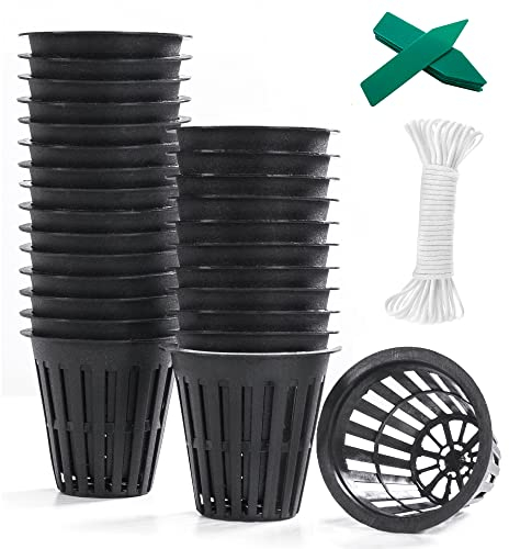 ORIMERC 50 macetas de Red de 2 Pulgadas con Mecha de autorriego de 50 pies y 50 Etiquetas de Plantas para acuaponia hidropónica, Kratky, Malla ranurada, Resistente a los Rayos UV y sin BPA