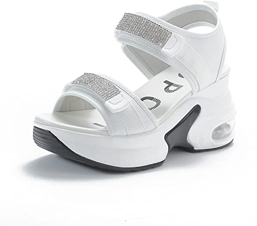 JAOOUU Sandali con Zeppa Donna Estivi Comode Pelle Sandali con Tacco a Spillo Sportivi Sandali con Punta Aperta Aumentano L'altezza Grazie al Cuscino D'aria Bianco 38EU