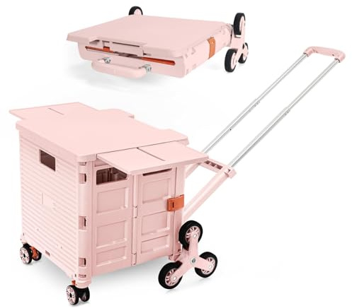 Carrello Della Spesa Pieghevole Carrello Portatile Pieghevole con Ruote per Scalinate e Coperchio Magnetico Capacità di 80 Kg, Cassetta Rotante per Campeggio, Pesca e Stoccaggio Attrezzi -Rosa U