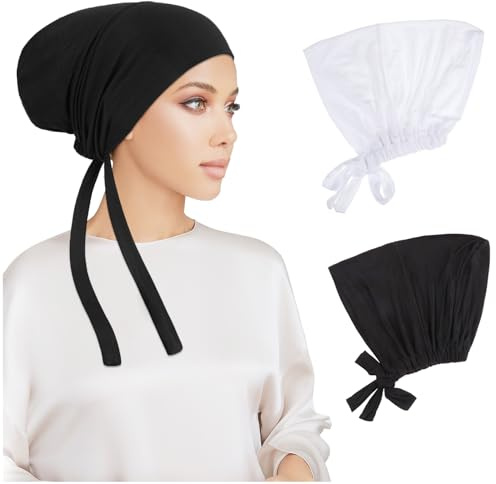 PHOGARY 2 Piezas Para Mujer Hijab Undercap, Islámico Musulmán Debajo de Hijab Cap Interior Debajo de la Bufanda Sombrero con Cierre de Lazo en la Espalda Color Sólido Para Mujeres Chemo Sleep Cap (C)