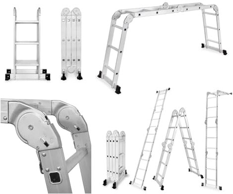 DRABEST Échelle Articulée Pliante 4x3 Marches en Aluminium - Stable et Multifonctionnelle - Charge Maximale 125 kg - Aluminium - 0,33 x 0,98 x 0,25 m
