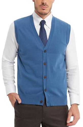 Kallspin Maglione da uomo 100% cotone con scollo a V, senza maniche, con bottoni sul davanti, cardigan casual elegante, lavorato a maglia, gilet, pullover, Blu, 3XL
