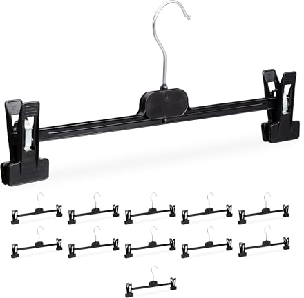 Relaxdays Set da 12 Grucce per Pantaloni, Appendini Gonne, 2 Clip Appendi Abiti, Plastica e Ferro, 15x35,5x2,5 cm, Nero