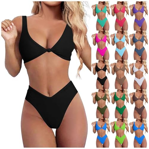 Maillot De Bain Femme 2 Pieces taille haute tanga, Maillots Deux Pièces Femme push up rembourré Col V profond Froncé et Torsadé Bikini bretelles larges Set Style Sexy Et Élégant dos nu (Black, L)