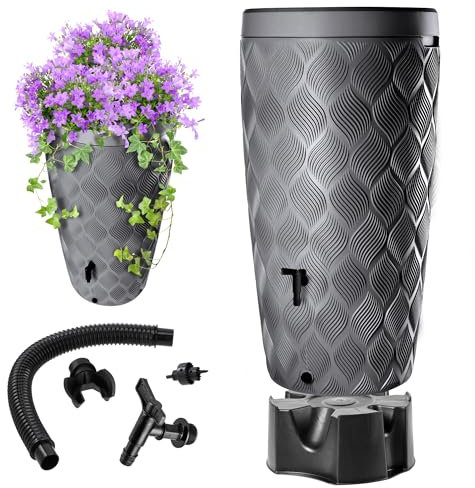KADAX Barril de lluvia con maceta integrada en tapa, 240 l, barril de lluvia de plástico, depósito de agua de lluvia con grifo y soporte, tanque de lluvia (gris)