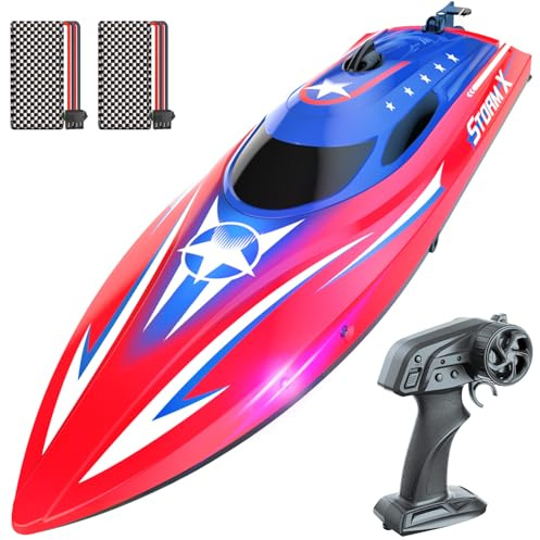 HOLYFUN Bateau radiocommandé pour enfants et adultes avec commande proportionnelle, 20 km/h, étanche, 30 minutes de temps de jeu, 2 batteries, télécommande 2,4 GHz, pour enfants et adultes, piscine et