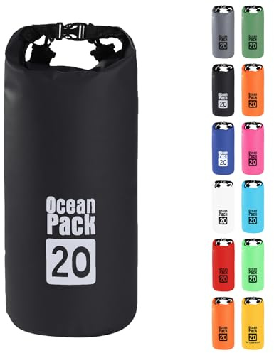 MOMAHUA 20L Waterproof Dry Bag Backpack with Double Shoulder Straps - Black Durable PVC Roll Top Dry Sack - Heavy Duty Reusable Rucksack for Kayaking, Boating, Beach & Travel