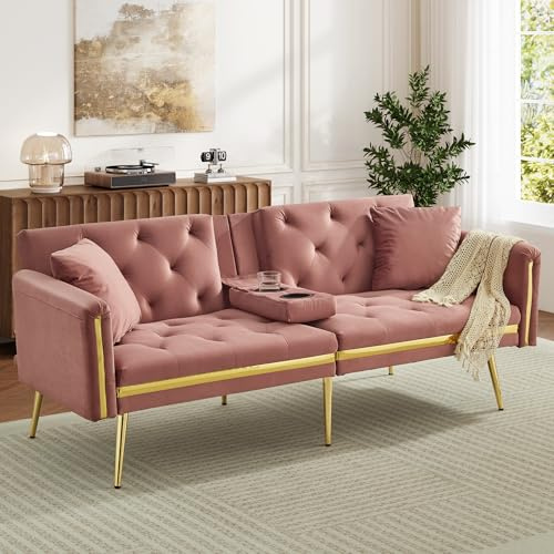 Gelukueub 2-Seater Sofa Bed with Adjustable Backrest, Gold Accents and Built-In Cup Holders - Convertible into a Comfortable and Space-Saving Sofa for Both the Living Room and Bedroom (Pink)