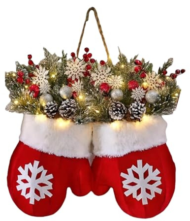 Corona De Navidad con Luz, Corona Navideña De Manoplas con Ramas De Pino Artificiales, Bayas Rojas Y Piñas Escarchadas, Guirnalda Artificial para Decoración Decorar Hogar En Interiores Y Exteriores