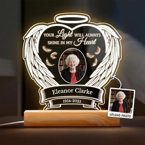 Fashimontr Personalised Angel Wings Memorial Light – Custom Photo LED Tribute Lamp with Name & Dates – Remembrance Gift for Loved Ones, Bereavement Sympathy Keepsake