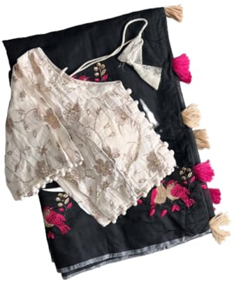 Women's Premium Chanderi Saree with Stitched Blouse Included (38 Bust, Adjustable Up to 42) | Embroidered Saree with Cotton Tassels | Wedding & Party Wear(Sparrow Black)