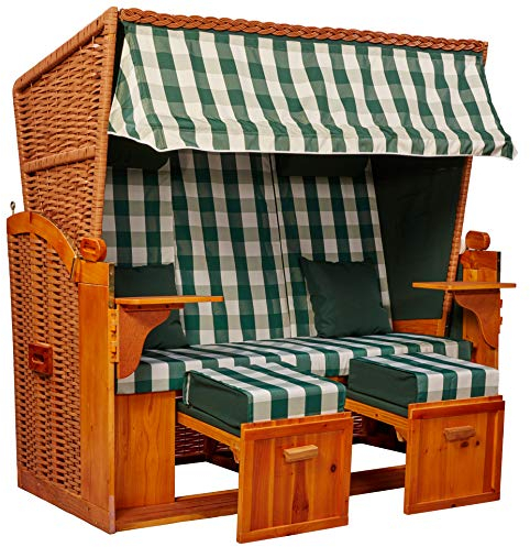 intergrill Strandschönheiten Strandkorb Gina Ostsee XXL | 2,5-Sitzer Grün Weiß kariert 7-teilig | Mit Schutzhülle | Perfekt für Garten Terrasse Balkon