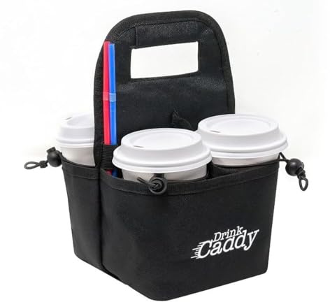 Drink Caddy Portable Drink Carrier and Reusable Coffee Cup Holder - 4 Cup Collapsible Tote Bag with Organizer Pockets Safely Secures Hot and Cold Beverages - Perfect for Food Delivery and Take Out