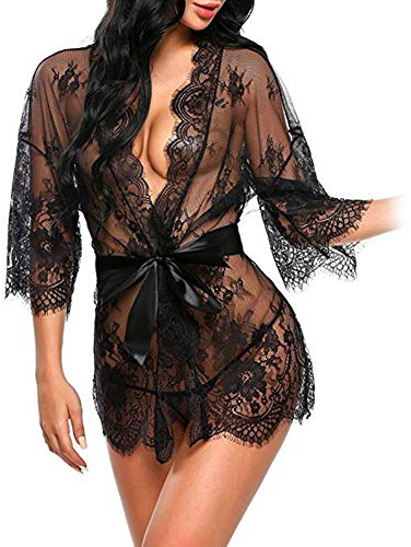 Erótica Kimono de Encaje Transparente con Cinturón Satén, Sexy Conjunto de Lencería con Mangas Largas Ropa Interior de Dormir Camisón Traje de Baño para Mujer Damas + Tanga G-String (Negro)