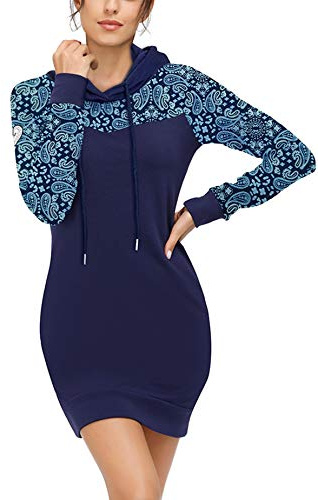 TrendiMax Sudadera con Capucha Larga Mujer Vestido Casual Invierno Otoño Hoody Pulóver Suéter Deporte Azul L