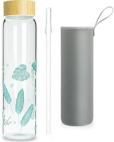 Ferexer 1l Trinkflasche Glas mit Strohhalm, Wasserflasche Glasflasche mit Bambus Deckel 1 Liter
