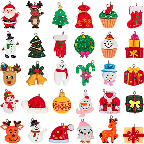 30 Stück Mini-Weihnachtsschmuck aus Kunstharz, winziger Weihnachtsbaumschmuck, Miniaturschmuck für Mini-Bäume, kleine Weihnachtsfiguren – Weihnachtsmann, Schneemann, Bär, Rentier, Glocken, Süßigkeiten