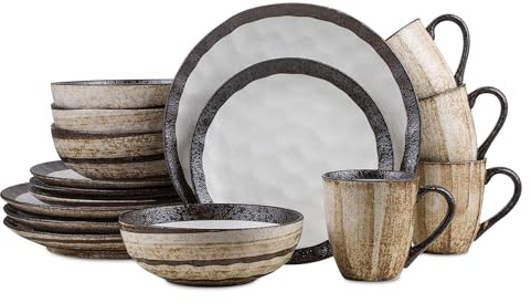 Stone Lain Lucy Porcelain 16-Piece Round Dinnerware Set, Beige