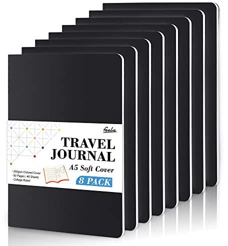 feela 8 Pack Soft Cover Notebooks A5 Lined Journal Notebooks College Ruled for Work, Lined Travel Journal for Women Men, Note Taking Study Notepad School Supplies Business Writing Note Books, Black