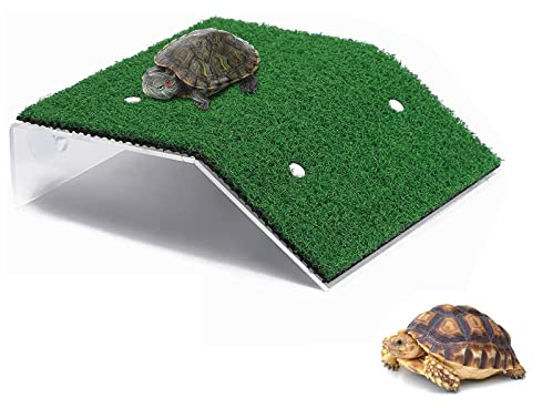 Schildkröte Basking Platform, Realistischer Grüner Rasen Kletterleiter Simulation Rasen Plattform, Turtle Dock mit Saugnapf, Terrarien Dekoration für Schildkröten Reptilien
