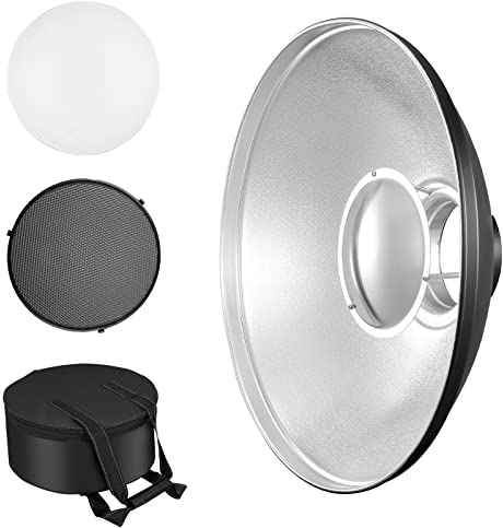 Soonpho Beauty Dish Con Riflettore Standard Da 22 Pollici / 55 Cm Con Griglia a Nido d'Ape,Calzino Diffusore Argento e Borsa,Per Luce Flash Stroboscopica Da Studio Con Montaggio Bowens