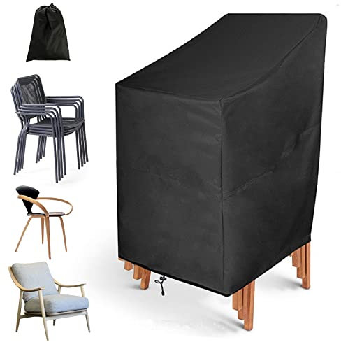 Abdeckung für Gartenstühle(64 x 64 x 70/120cm), 210D Oxford Stapelstühle Schutzhülle, Winterfest Wasserdicht Anti-UV Klappstühle Abdeckhaube, Schwarz Stühle Abdeckhülle mit Verstellbarer Kordelzug