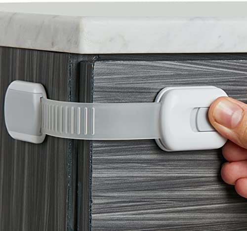 Child Safety Strap Locks (8-Pack) Baby Locks for Cabinets and Drawers, Toilet, Fridge & More. 3M Adhesive Pads. Easy Installation. (White/Gray)
