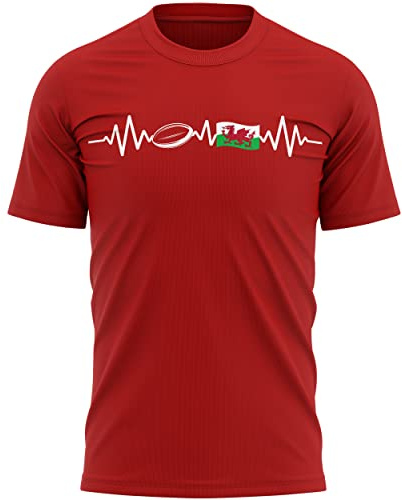 Maglietta da uomo con bandiera del Galles Heartbeat Rugby Maglietta da rugby gallese, Rosso, XXL