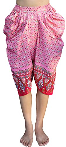 RaanPahMuang Sukhothai Traditional Mixed Fabric JonGrabaen Thai Pants, Large-X-Large, Cotton - Miller Pink