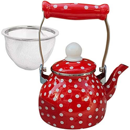 Enamel Tea Kettle Metal Tea Pot Hot Water Boiling Jug with Wood Filter Coffee Maker Water Warmer Gas Stovetop Teapot for Home Kitchen Winter 1.5L Red