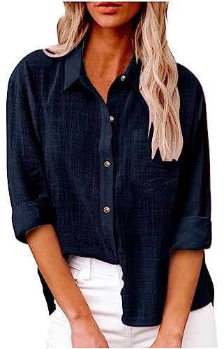 SMIDOW Blusa de algodón y lino con botones para mujer, #B-azul marino, Large
