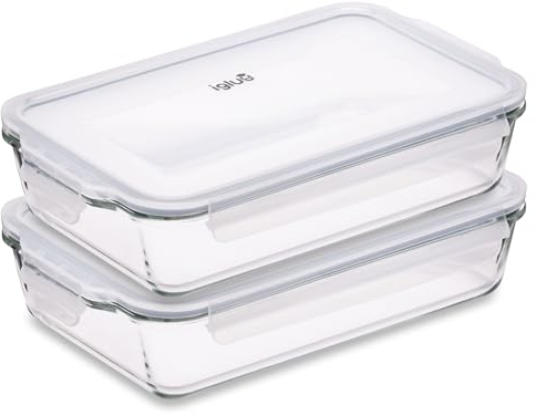 Igluu Meal Prep - Piatto per lasagne in vetro con coperchio a chiusura ermetica - Teglia da forno rettangolare grande, adatta al forno - stoviglie 2,2 l (cottura e congelazione), set da 2