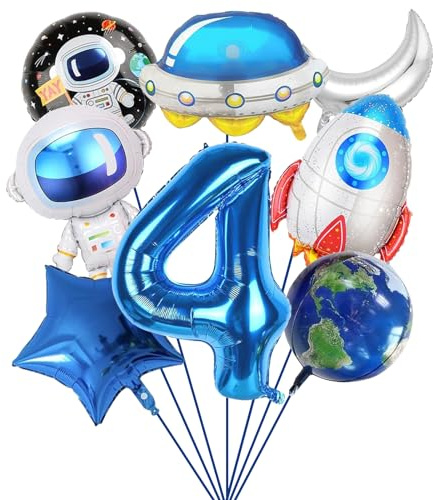 Rymdbarnfödelsedag, dekoration 4 år, 8 stycken ballonger | Ballong Raket, astronauter, rymdskepp folieballong, rymden födelsedagsdekoration, barns födelsedagskalas rymden
