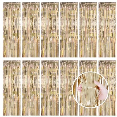 12 Pcs Champagne Gold Metallic Tinsel Foil Fringe Curtains, 3.3ft x 8.2ft Tinsel Streamers Backdrop Door Curtains Hanging Streamers for Birthday Wedding Christmas Party Supplies(1m x 2.5m)