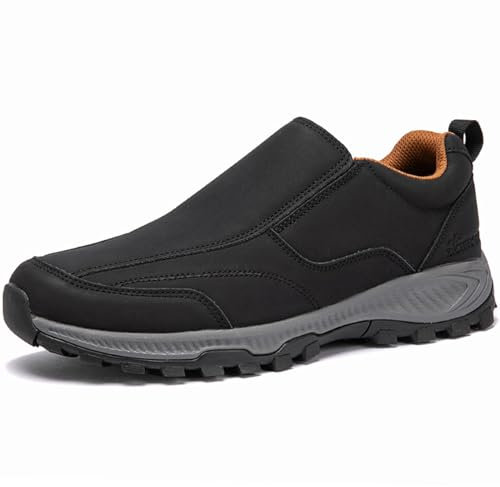 Chaussures Orthopédiques Pied Large en Cuir Impermeable Baskets sans Lacets Hommes Slip on Sneakers Chaussures De Course Respirantes De Marche Légères Et Décontractées,Noir,47/285mm