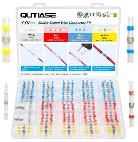 QUTIASE Terminales Eléctricos Termorretráctiles Impermeable, Conectores de Alambre de Sellado de Soldadura, Terminales Empalme Termorretráctil para Cable 0,25mm-6mm, 330 Piezas