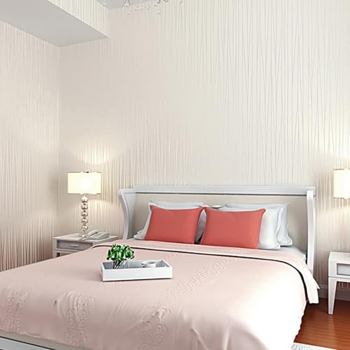 Tarwanear White Wallpaper Glitter Striped Textured Wallpapers 53x950cm Thick Wall Paper White Stripes Feature Flocking Embossed Wallpaper Roll for Livingroom Bedroom Lounge Hallway