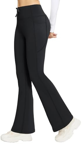 baleaf Women's Fleece Lined Yoga Pants Thermal Flared Leggings with 4 Pockets Drawstring High Waisted Bootcut Legging Black 3XL