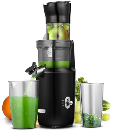 AMZCHEF Ganzfrucht Entsafter - 80MM große Öffnung Slow Juicer - Entsafter Gemüse und Obst Testsieger mit Verbesserter Schnecke, Doppelschicht Filter, Retro Kippschalter, Leiser Motor - Schwarz Blau