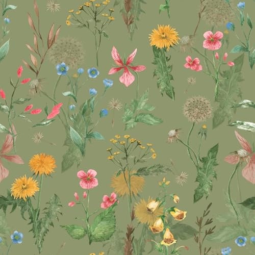 VEELIKE Tapete Blumen Grün Vintage Fototapete Selbstklebend Tapete Wildblumen Grün Blumentapete 44.5 cm x 300 cm Botanische Mustertapete Klebefolie Möbel Tapeten Wohnzimmer Schlafzimmer Abnehmbar