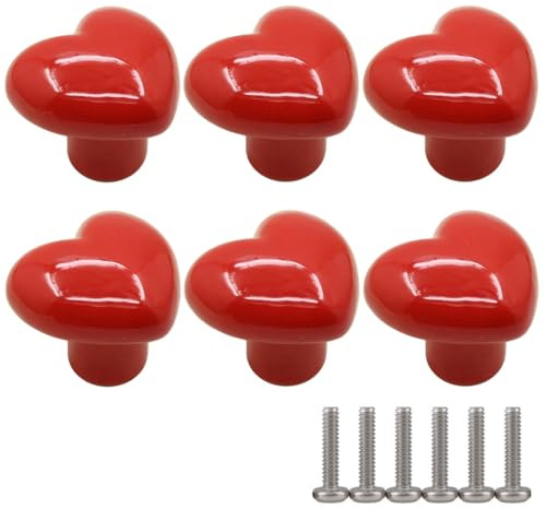 ZESLIV Lot de 6 boutons de meubles en céramique en forme de cœur Bouton de tiroir Bouton de porte d'armoire Bouton de meuble pour chambre d'enfant Rouge