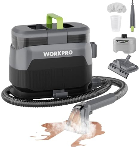 WORKPRO Limpiador de Tapicerías y Alfombras a Vapor con Aspirador 4 en 1, Potente Succión 16 kPa, Accesorios para Suciedad de Mascotas, Sofás, Colchones, Cortinas, Asientos de Coche