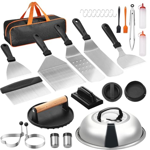 VEVOR 28PCS Griddle Accessories Kit, Flat Top Grill Accessory, Enlarged Spatula Gift Set, Stainless Steel Grilling Tools with Basting Cover, Tong, Burger Press, Carry Bag, for Outdoor BBQ Teppanyaki