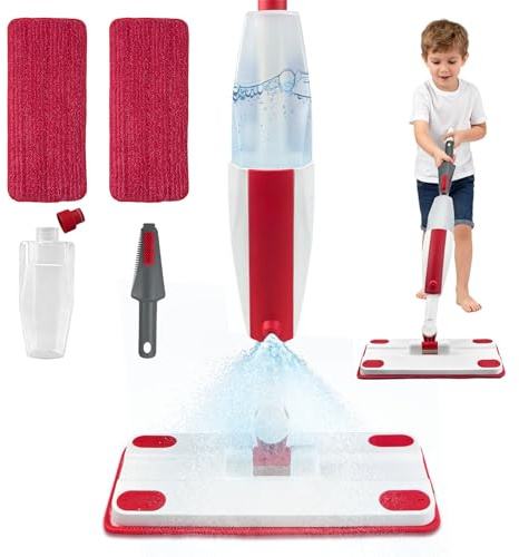 iselyn Kids Spray Mop - Fun & Educational Montessori Housekeeping Toys Mini Size Cleaning Set Includes Kids Mop with Real Water Sprayer Washable Microfiber Pads & Scraper