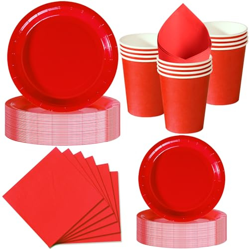 Nkaiso Stoviglie per Feste 50 Pezzi Rosso Intenso, 10 x 23cm & 10 x 18cm Piatti di Carta, 10 Tazze, 20 Tovaglioli - Per Natale, San Valentino, Festa -10 Ospiti